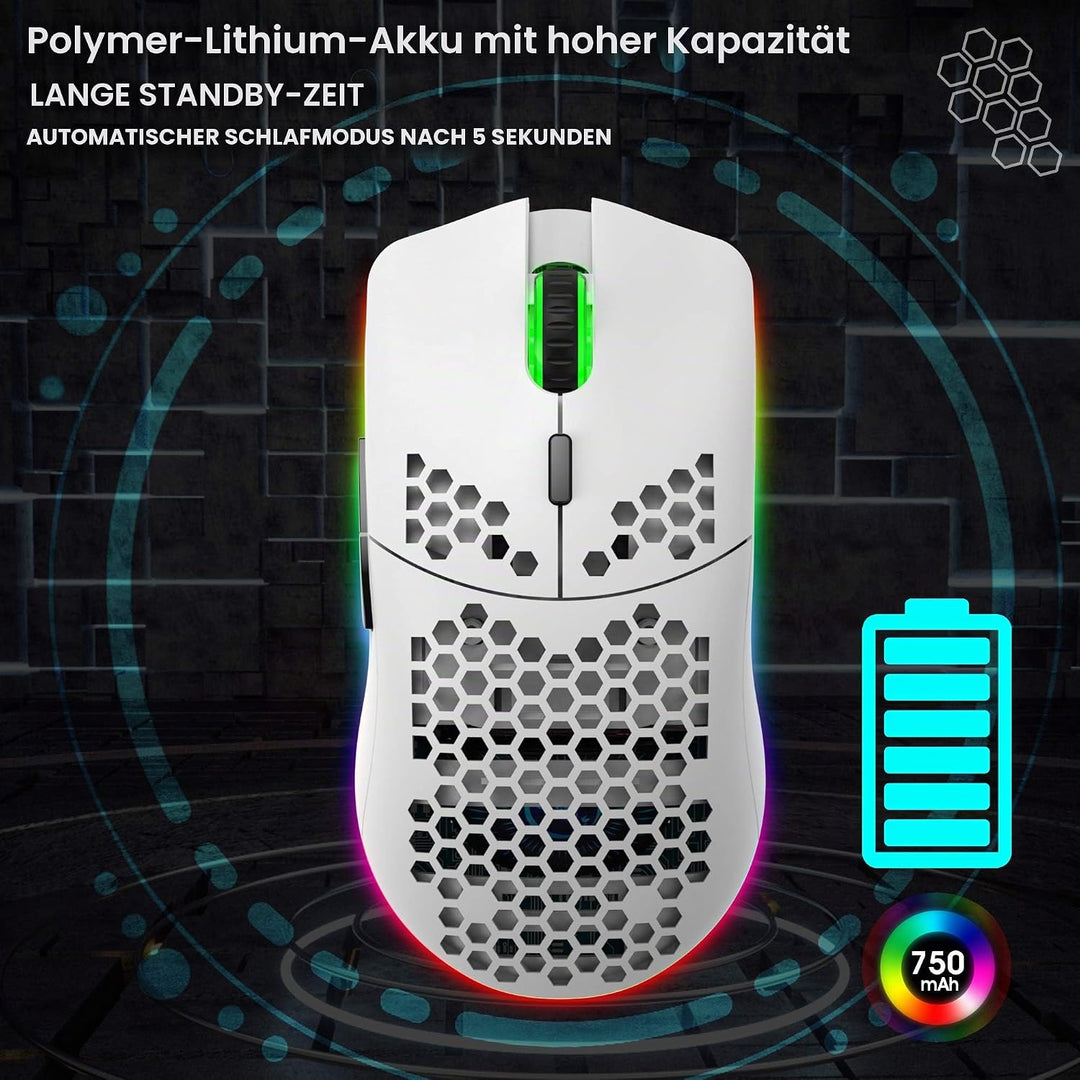 Drahtlose Gaming Maus, 2,4G Superleichte Wabenschale Ergonomische RGB-Mäuse mit 750mAh Akku, Energie