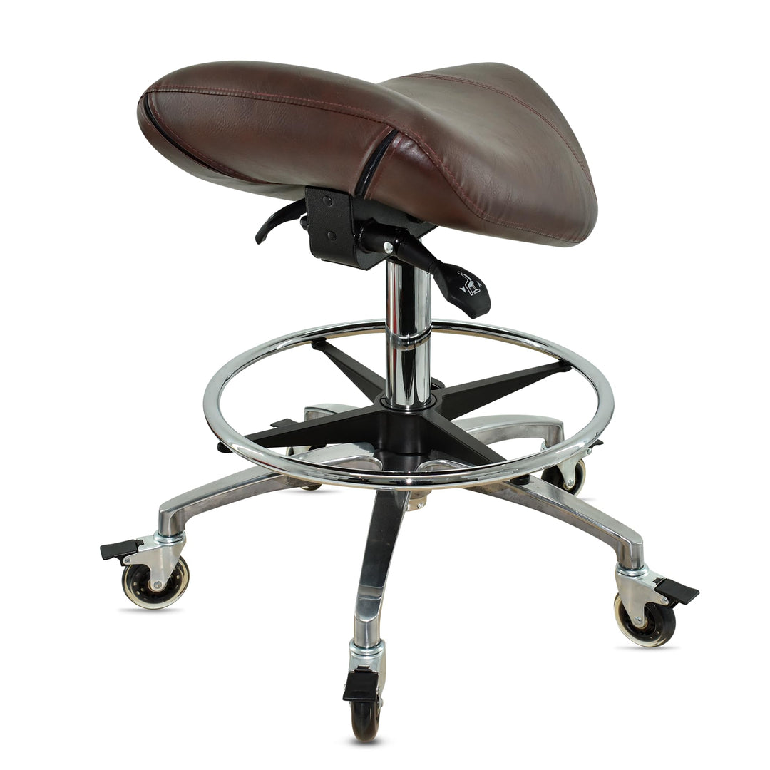 Sattelhocker mit Neigung Braun, Sattelstuhl, Rollhocker höhenverstellbar von 55-75 cm mit Fussring,