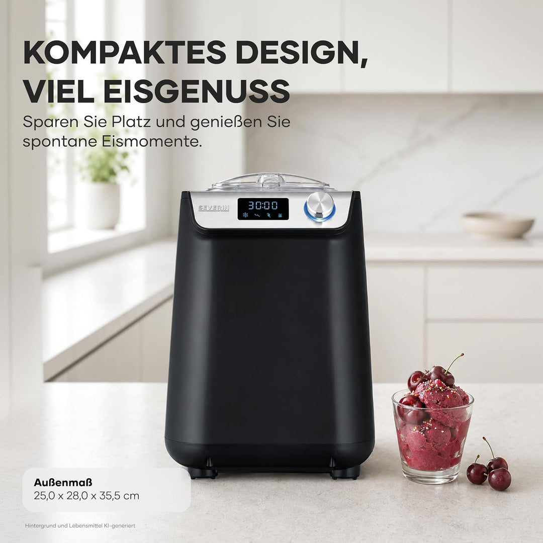 SEVERIN Kompakt Eismaschine &amp; Joghurtbereiter, platzsparende Eismaschine mit Kompressor im Slim-Desi