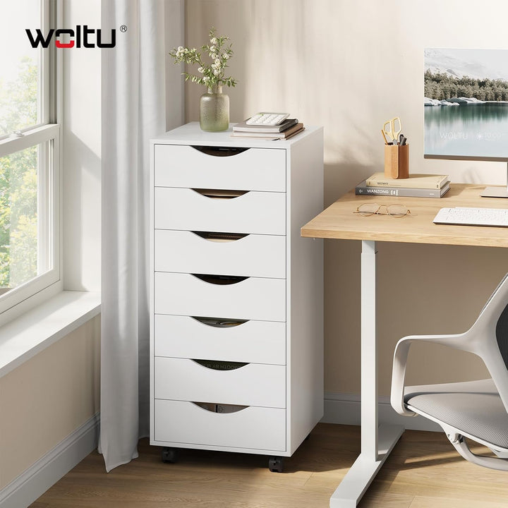 WOLTU Rollcontainer mit 7 Schubladen, mobiler Aktenschrank mit Rollen Weiss 7 Schubladen (90H cm), W