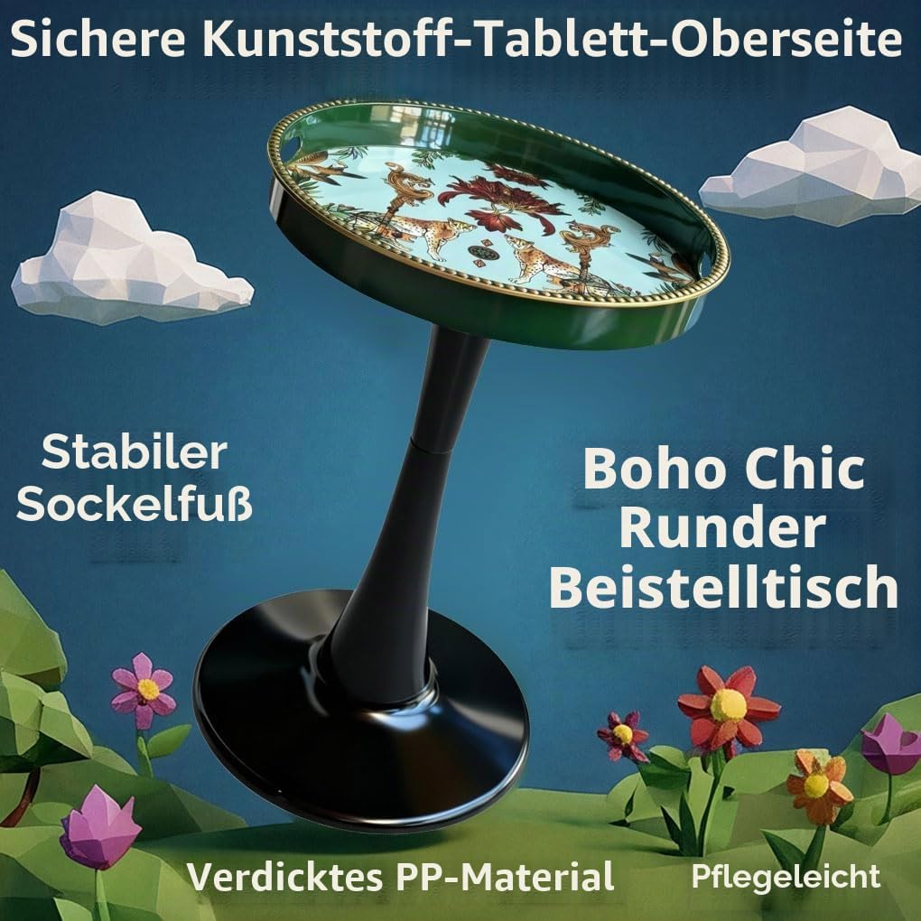 Eleganter runder Beistelltisch – 33 cm künstlerisch gemusterter Getränketisch mit glänzender Tablett