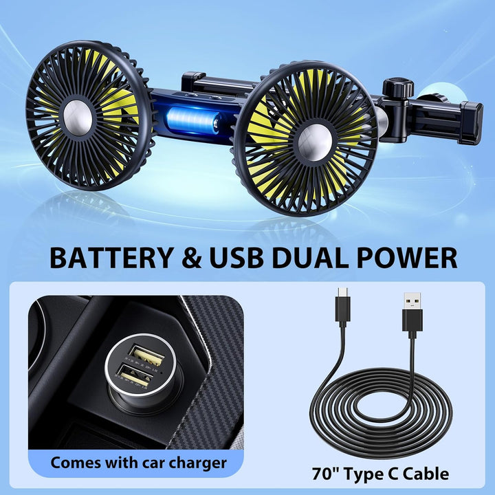 Akku-Ventilator für Auto-Rücksitz mit einziehbarem langem Arm, [Geschenk-Kfz-Ladegerät &amp; USB-C-Kabel