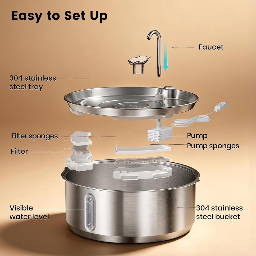 Invengo 8L leiser Hundetrinkbrunnen aus Edelstahl, 12 Filter | 50% dickerer 6-mm-Stahl, Doppelfilter
