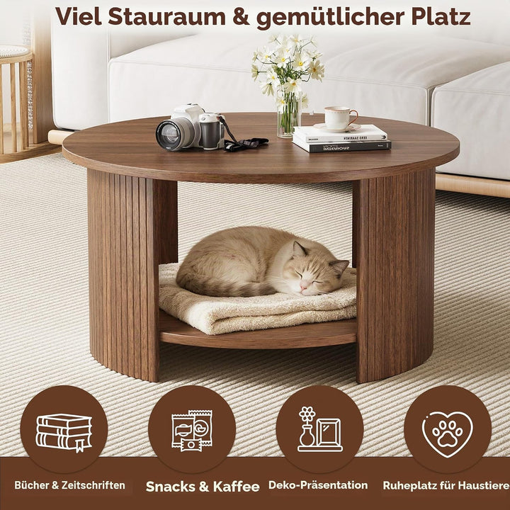 oneinmil Runder Couchtisch, 80 cm Wohnzimmertisch mit 2 Ablage-Ebenen, Starker Tischplatte und Stabi