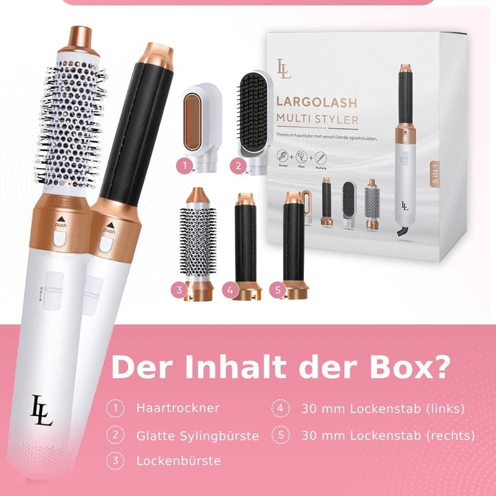 Largolash 5 in 1 Warmluftbürste Set, Schnelltrocknend Föhnbürste, Warmluft Lockenbürste, 3 Temperatu