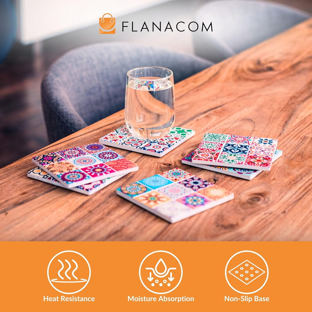 Flanacom Boho Design Untersetzer 6er Set – Dekorative Keramik Untersetzer für Glas, Tassen, Vasen, K