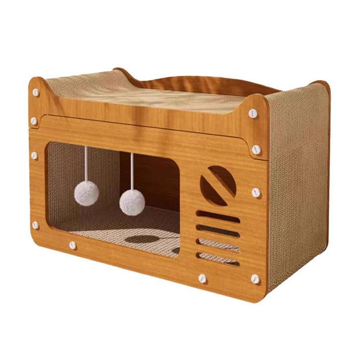 Katzenkratzhaus aus Holz im TV-Design Gelb mit Spielball – 2-in-1 Katzenhaus &amp; Kratzmöbel, Robustes