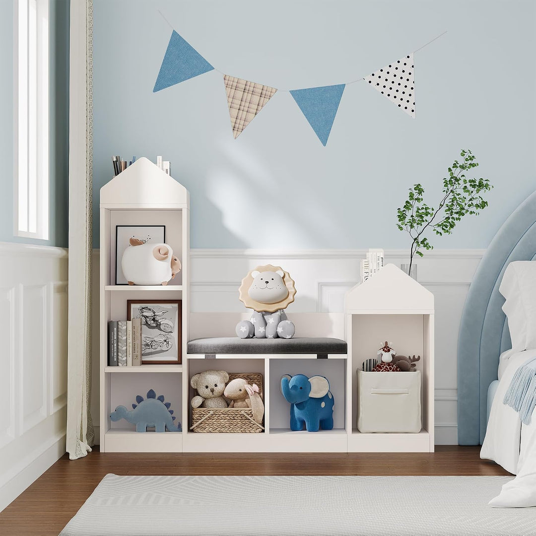 GarveeHome Kinderbücherregal Mit Kissen, Kinderbücherregal Aus Holz,Einzigartiges Dachdesign, Spielz
