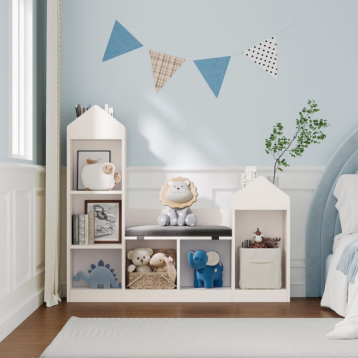 GarveeHome Kinderbücherregal Mit Kissen, Kinderbücherregal Aus Holz,Einzigartiges Dachdesign, Spielz