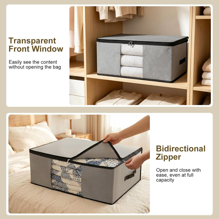 Cozary 3 Stück 60L Unterbett Aufbewahrungsbox, Faltbare Aufbewahrungstasche mit Deckel und Klaren Fe