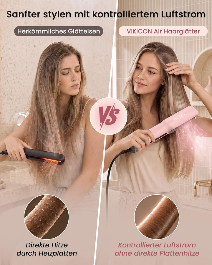 VIKICON Air Haarglätter, Professionelles Ionen Luft-Glätteisen ohne Heizplatten, Glätteisen Locken u
