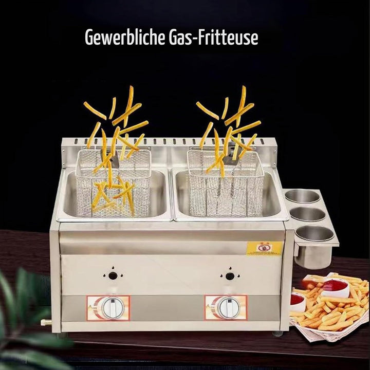 Kommerzielle Arbeitsplatte Gas Fritteuse Doppeltanks mit 2 Korb und Deckel, Edelstahl LPG Friteuse,