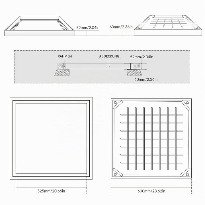 LIROPAU Schachtabdeckung 600x600mm Aluminium Versenkte Schachtdeckel 60CM, 60CM