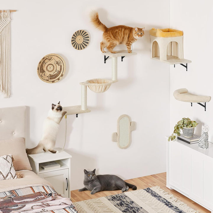 Yaheetech Kletterwand Katzen Wandelemente mit Katzenhaus &amp; Korb beige Beige 49 cm L × 30 cm B × 40 c