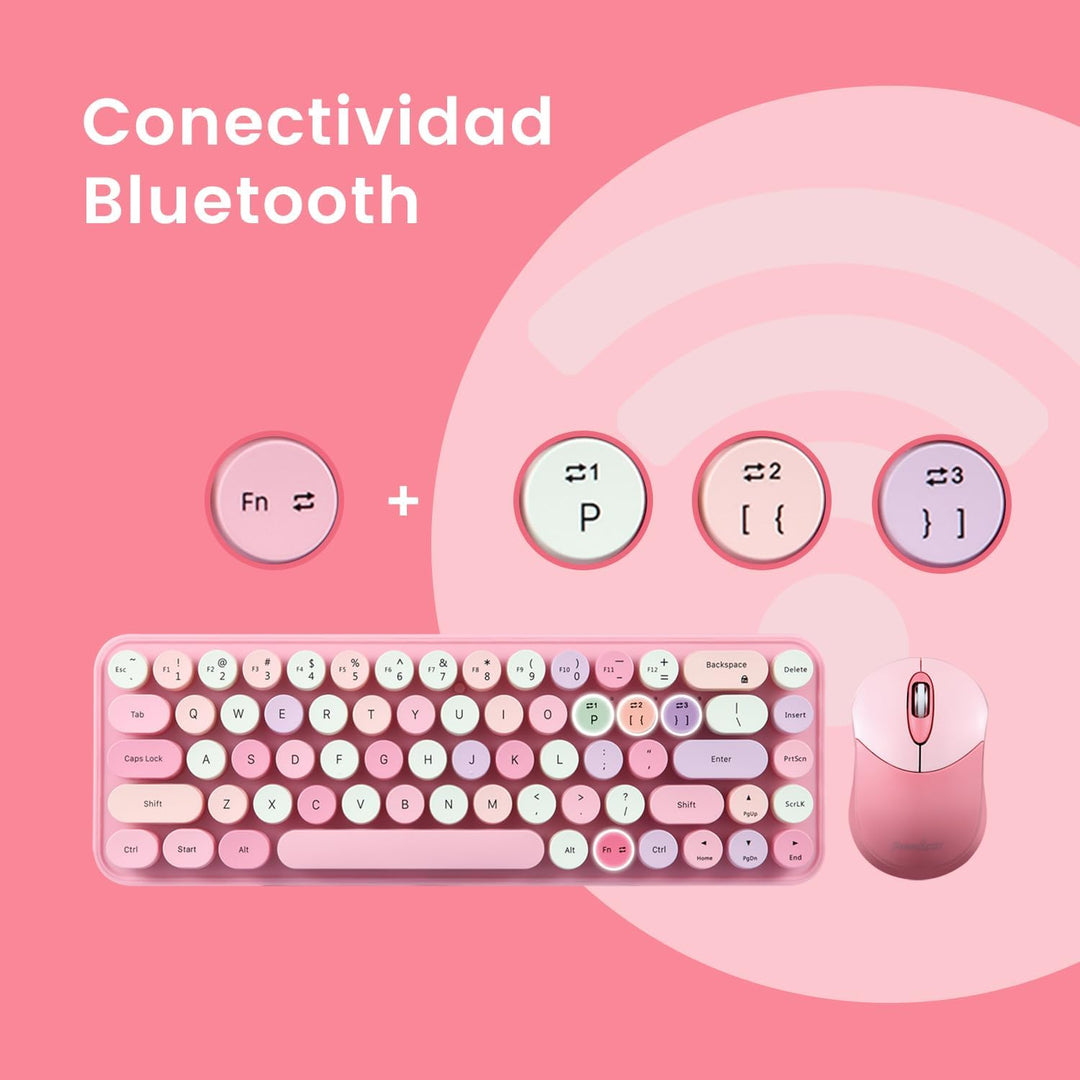 Perixx PERIDUO-802PK ES Set de Ratón y Teclado Inalámbrico Bluetooth Mini - Estilo Retro Con Teclas