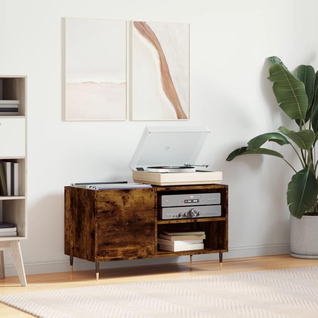 Plattenschrank Räuchereiche 85x38x48 cm Holzwerkstoff mit Eisenbeinen, geräumiger Mediaschrank für S