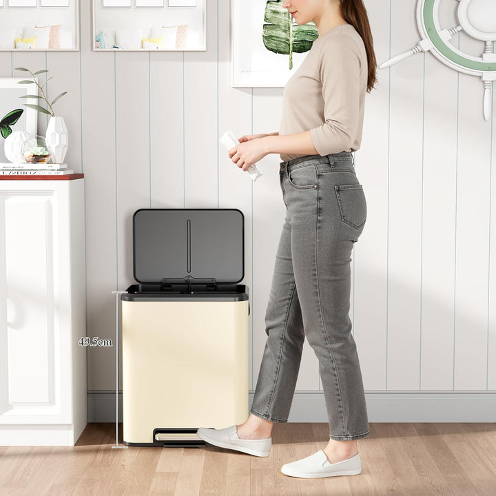 LIFERUN Mülleimer 2 Fächer, Mülltrennsystem 2 x 15 L,Sandbeige, Sandbeige