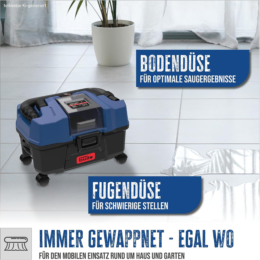 Güde Akku Nass Trockensauger NTST 18-0 (18V, 10 l Auffangbehälter, 4 Lenkrollen, Boden- &amp; Fugendüse,