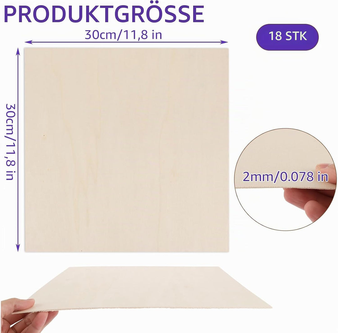 18 Stück Sperrholzplatte 2mm, 300x300MM Sperrholz 2mm Pappelsperrholz, Unbehandeltes Holz, Balsaholz