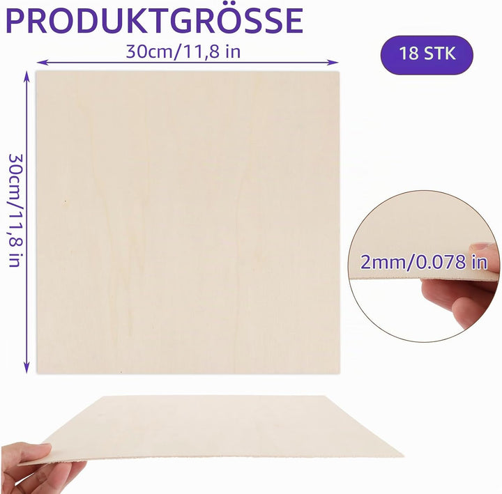 18 Stück Sperrholzplatte 2mm, 300x300MM Sperrholz 2mm Pappelsperrholz, Unbehandeltes Holz, Balsaholz