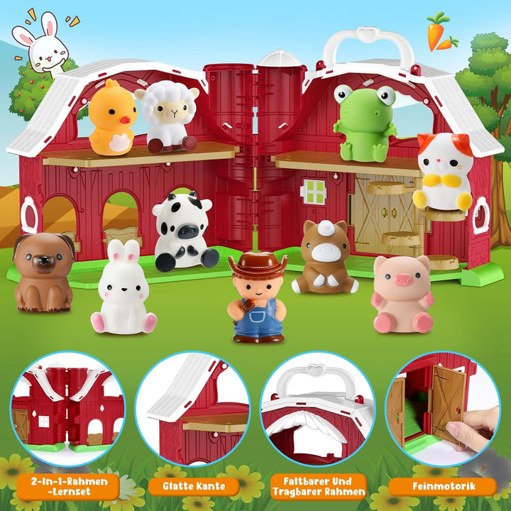 HappyKidsClub Montessori Bauernhof Spielzeug ab 1-4 Jahre, Aufklappbare Scheune Spielhaus für Kleink