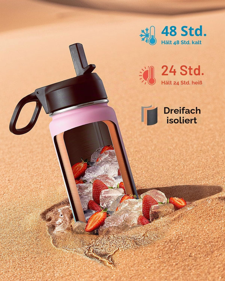 Coolflask Wasserflasche 24 oz isoliert mit Strohhalm, rostfreier Stahl 3 Deckel Wasserflasche mit br