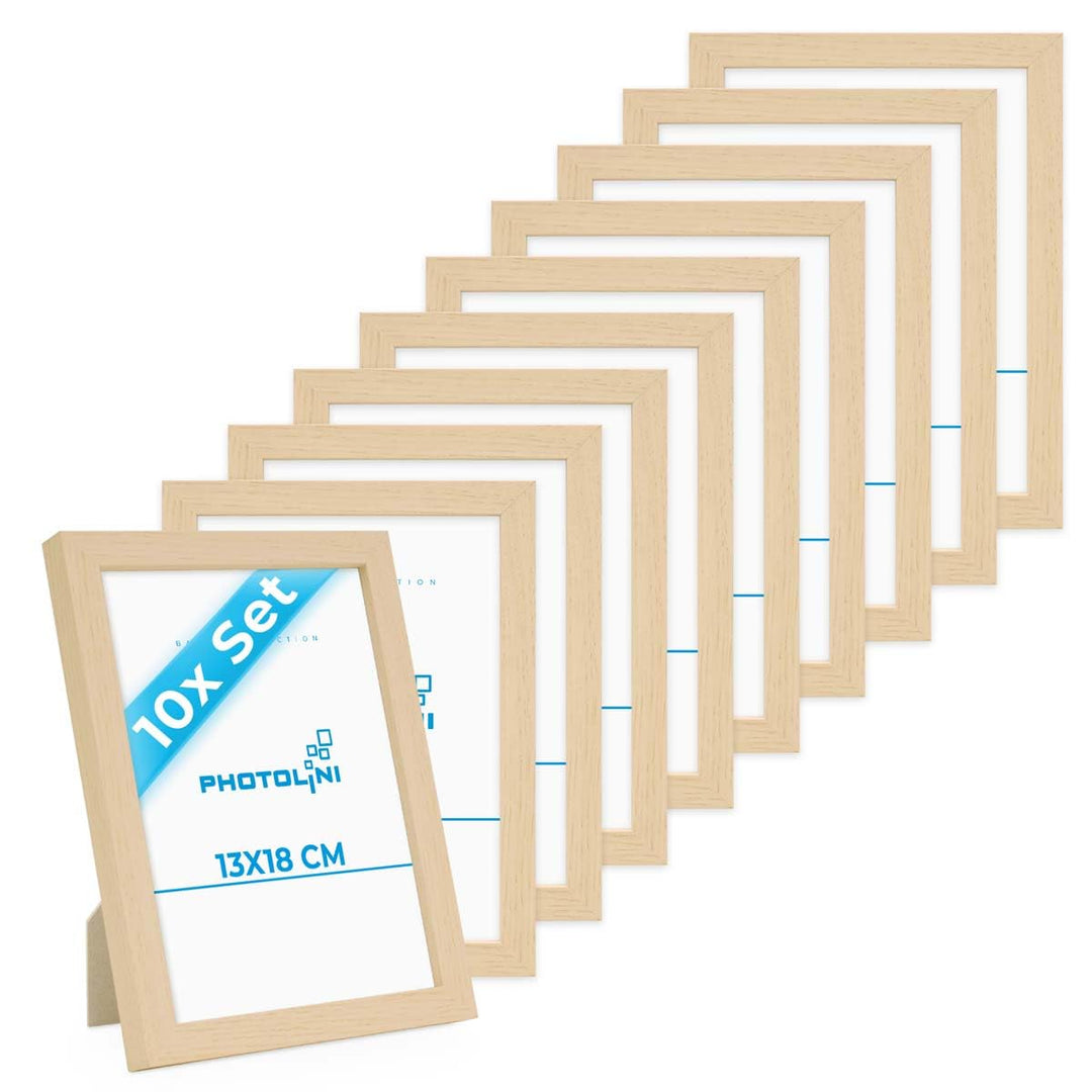PHOTOLINI Bilderrahmen 13x18 Set Natur, 10x Bilderrahmen 13x18 Holz MDF, Fotorahmen 13 x 18 mit Acry