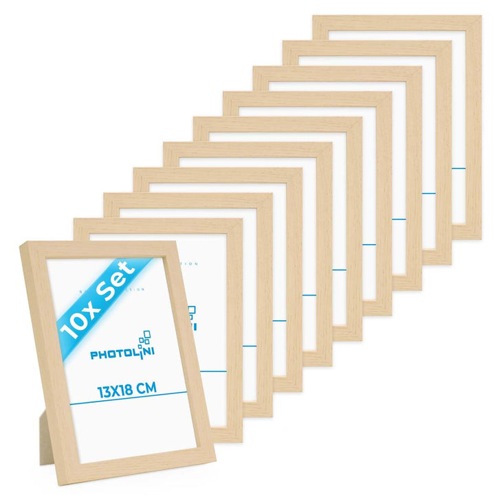 PHOTOLINI Bilderrahmen 13x18 Set Natur, 10x Bilderrahmen 13x18 Holz MDF, Fotorahmen 13 x 18 mit Acry