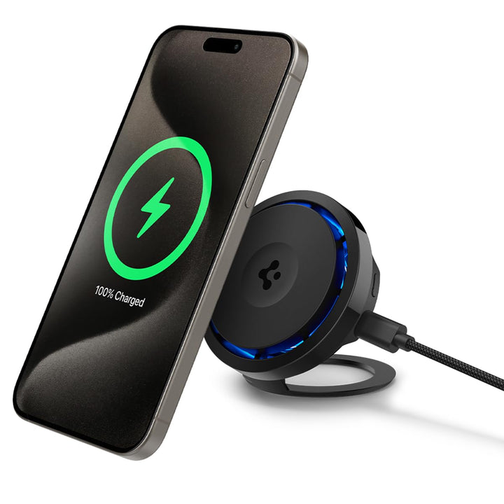 Spigen OneTap Pro 3 Cryomax Qi2 15W MagSafe Ladestation, Schwarz Ladestation mit ausklappbarem Ständ