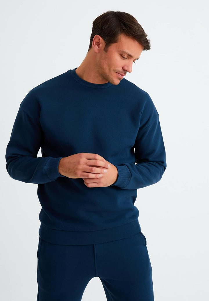 Leif Nelson Oversize Pullover Baumwolle mit Rundhalskragen schwarzer Männer Pulli Sweatshirt Langarm
