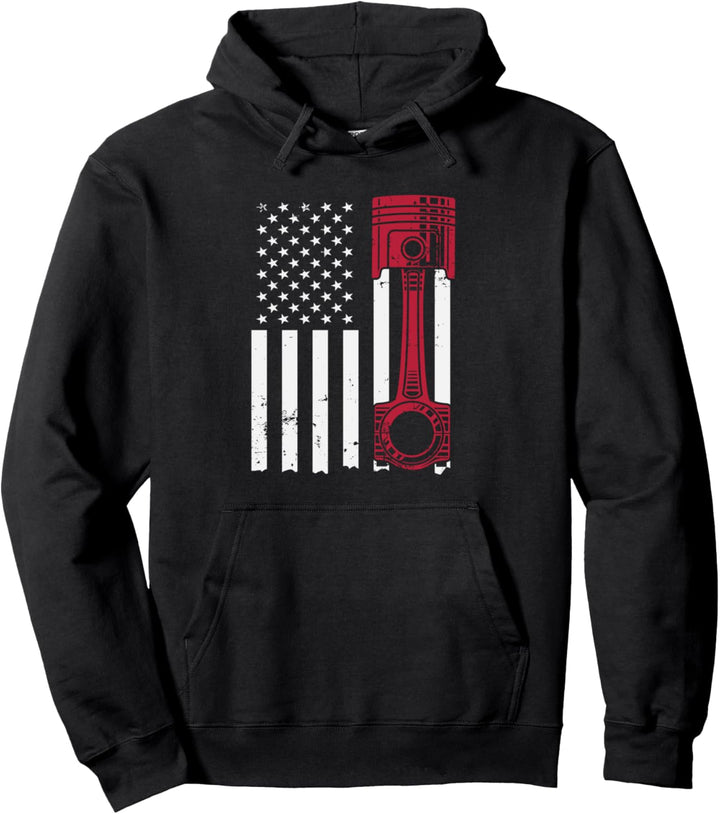 Car Enthusiast American Flag Piston Muscle Car Pullover Hoodie