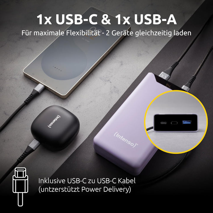 Intenso F20000 Powerbank 20000 mAh - 20W Schnellladegerät USB-C &amp; USB-A 20000 mAh Lila, 20000 mAh Li