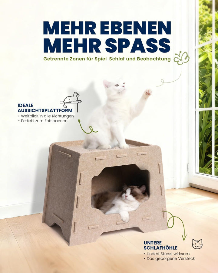 Katzenhöhle Filz Katzenhaus aus Filz für grosse Katzen, Katzen Höhle 2-Ebenen, Trapezform Stabiles K