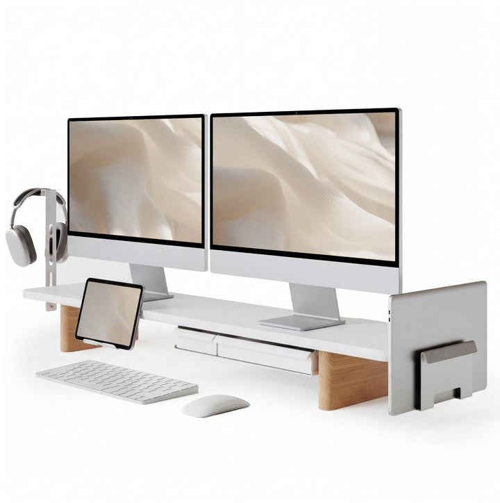 Fenge Dual Monitorständer mit 2 Herausnehmbaren Schubladen,Weiss, Weiss