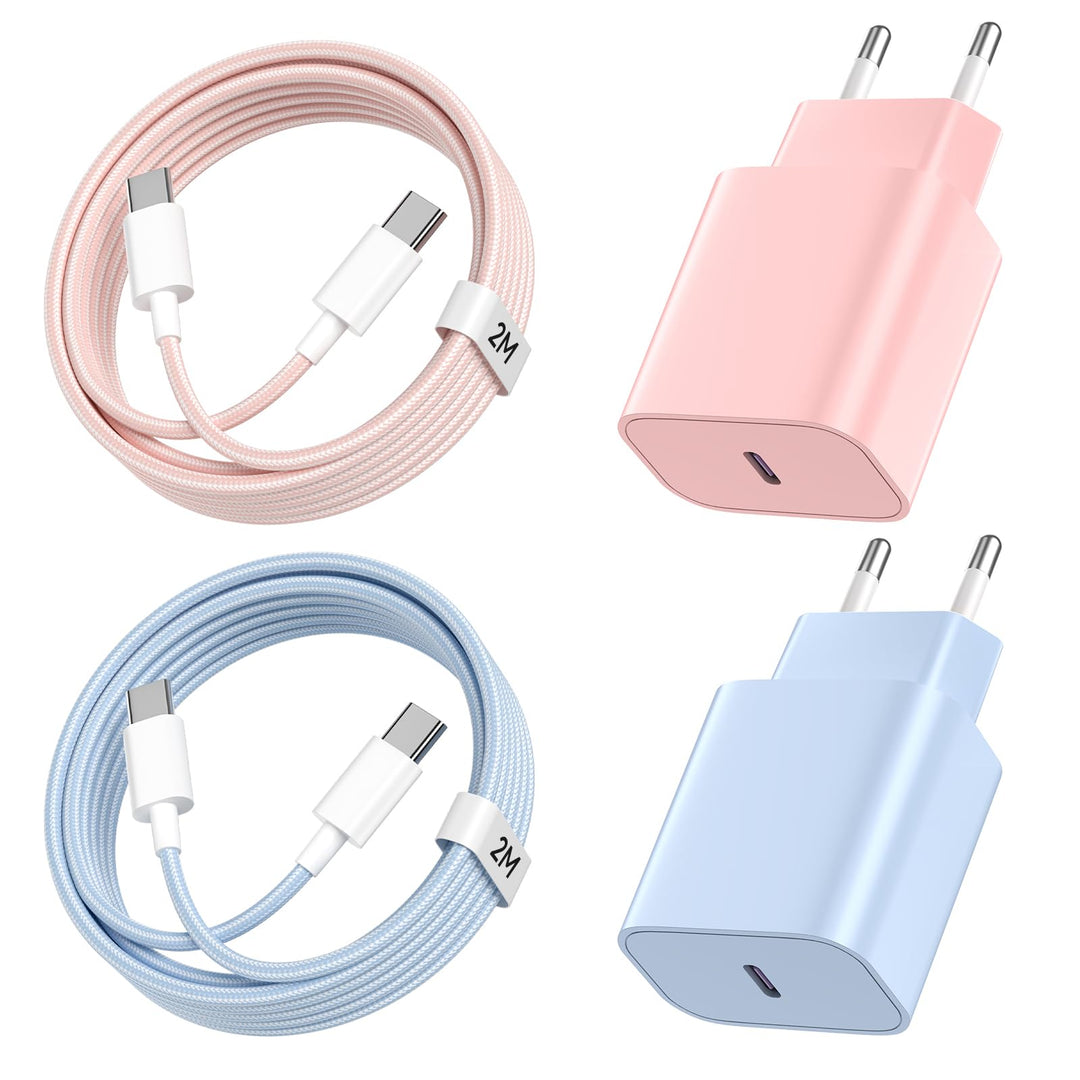 20W USB C Schnellladegerät und Schnellladekabel für iPhone 17/16/15 2Pack Blau+Rosa, Blau+Rosa