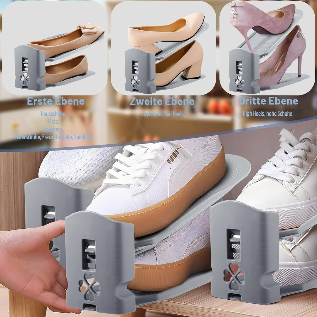 10 Stück Einstellbare Schuhregale, Schuhhalter Set,3 Höhenverstellbar Abnehmbar, Platzsparend, rutsc