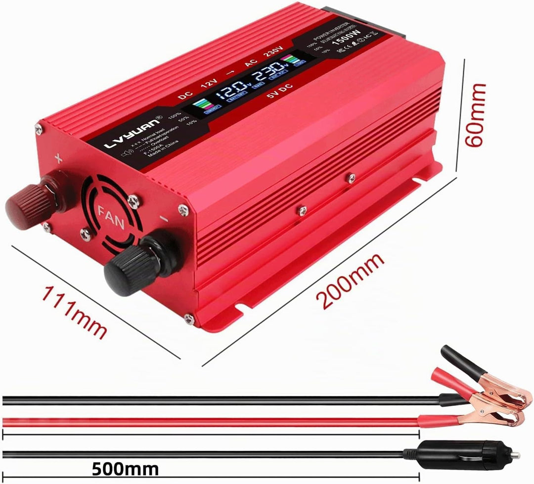 LVYUAN Wechselrichter 12V 230V 1500W Spannungswandler Stromumwandler Inverter mit 2 USB LCD EU Steck
