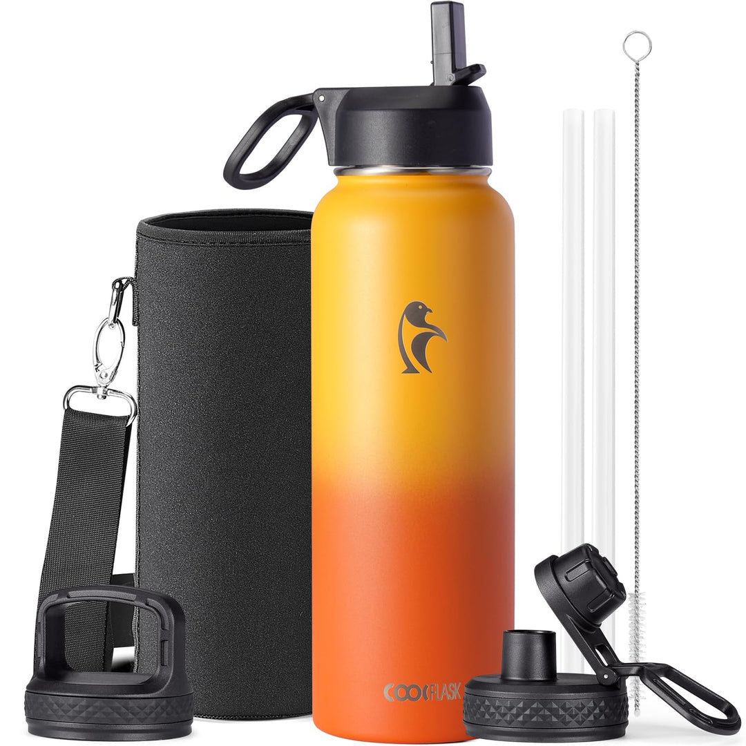 Wasserflasche 40 oz (1,2 l) isoliert mit Strohhalm &amp; Bürste, Coolflask Vakuum Edelstahl Metall 3 Dec