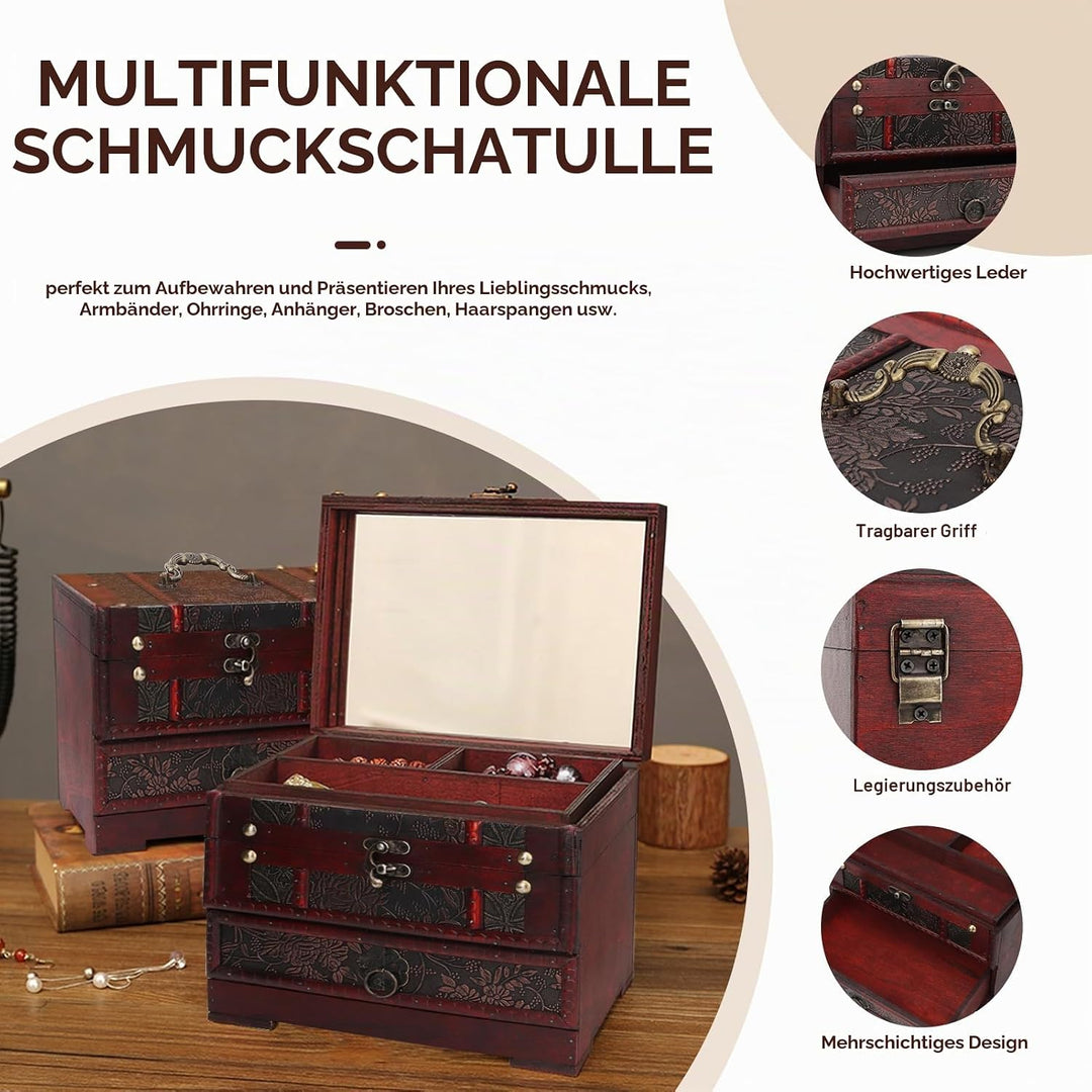 Vintage Handgefertigte Aufbewahrungsbox, Retro-Schmuckkästchen/Aufbewahrungsbox Aus Holz Mit Spiegel