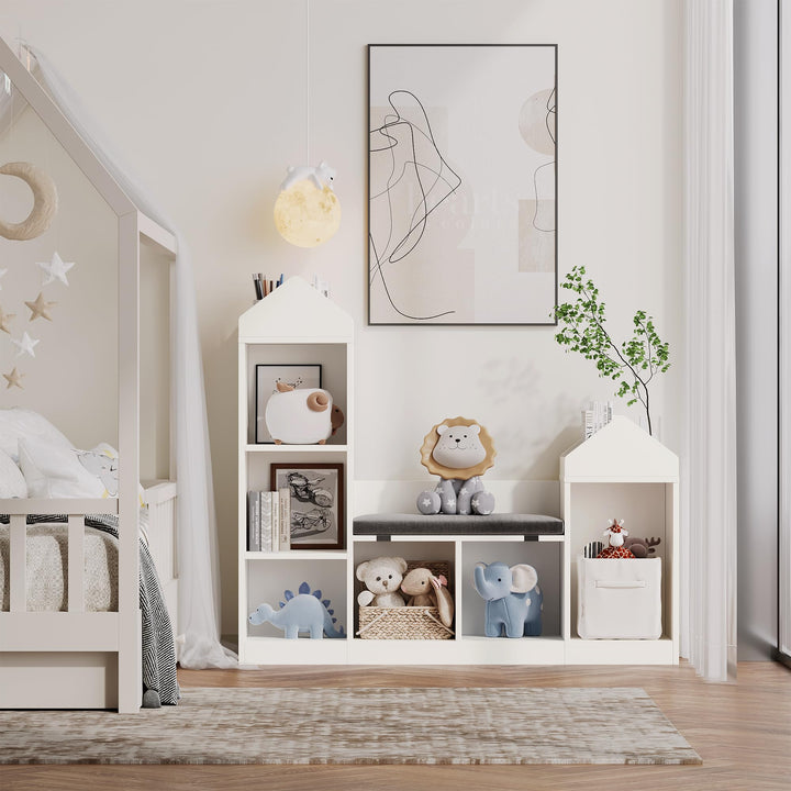 Spielzeugregal Kinderregal Mit Sitzbank, Bücherregal Kinder Und Spielzeugregal 2-in-1 Bücherschrank
