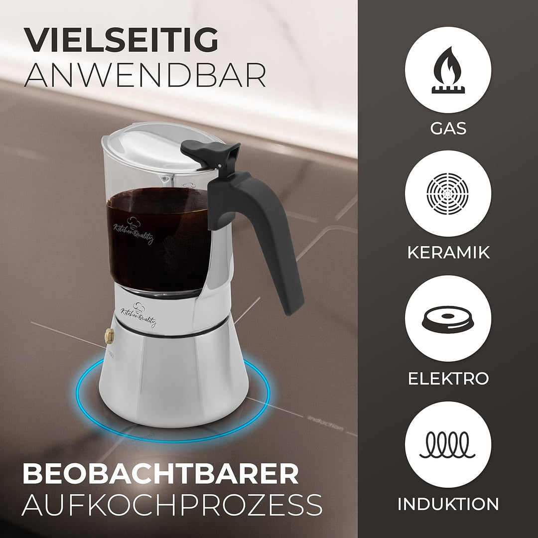 KitchenQuality Espressokocher –Glas + Edelstahl rostfrei –240 ml –für 4 Tassen –18,5x14cm –für Ceran