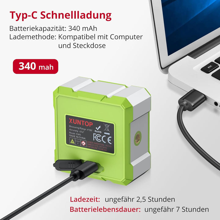 XUNTOP Digitaler Winkelmesser Neigungsmesser Grün Laser Wasserwaage mit LCD Display, Type-C Schnitts
