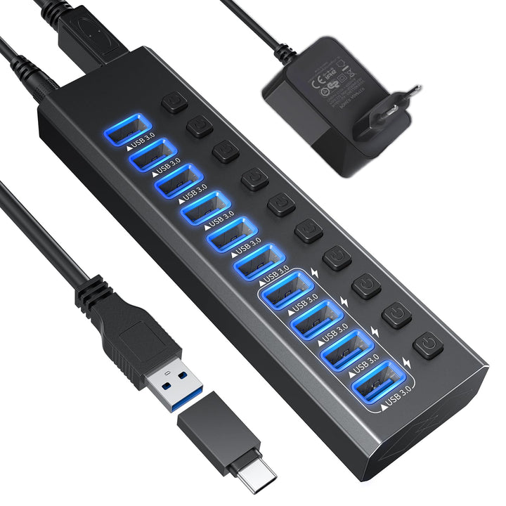 USB-3.0-Hub, Aluminium, 10 Anschlüsse, USB-3.0-Daten-Hub mit 12 V/4 A (48 W) Netzadapter und individ