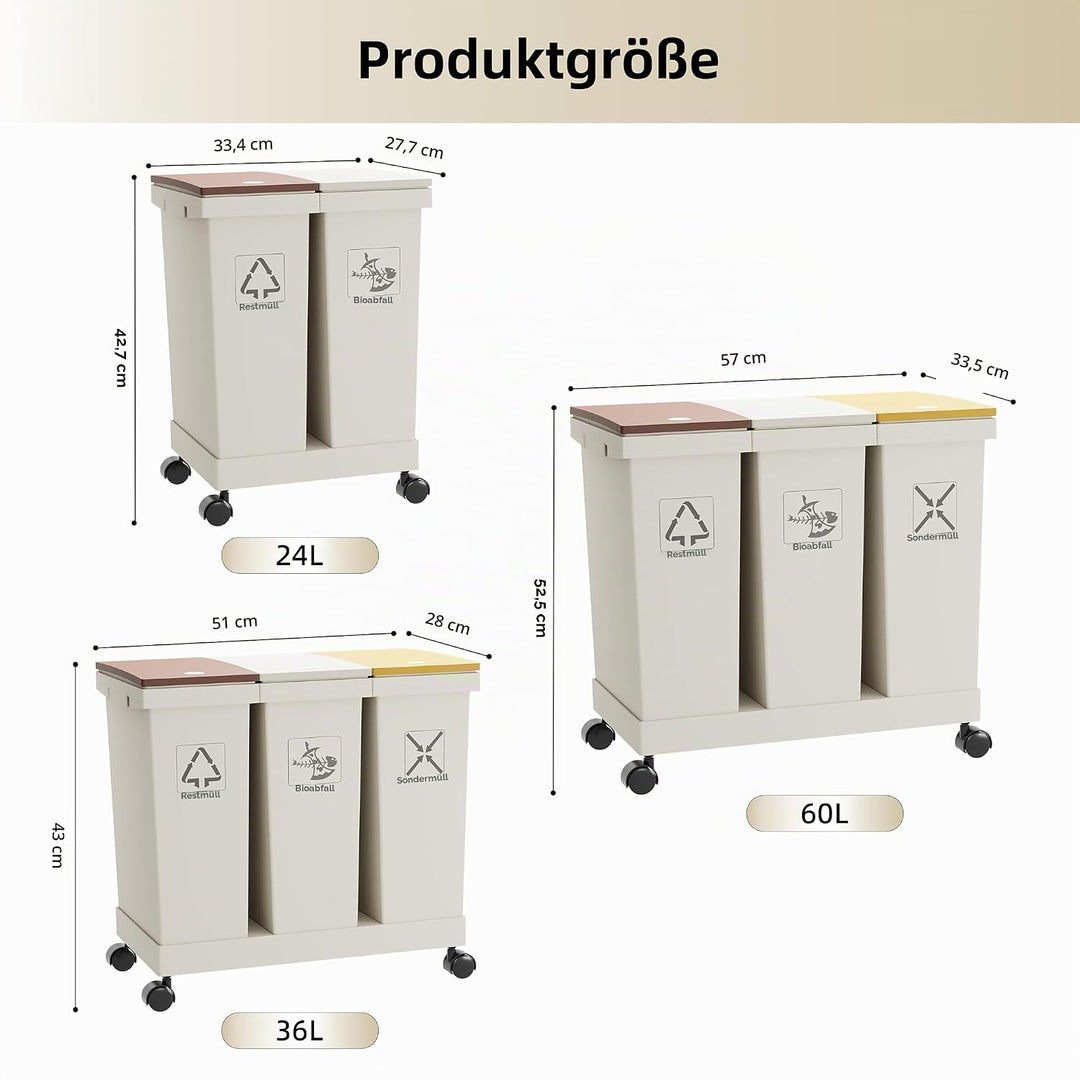 3-er Mülleimer-Set Küche Mülltrennsystem 3x Mülleimer mit Deckel, 3 X 20L, herausnehmbare Recycling-