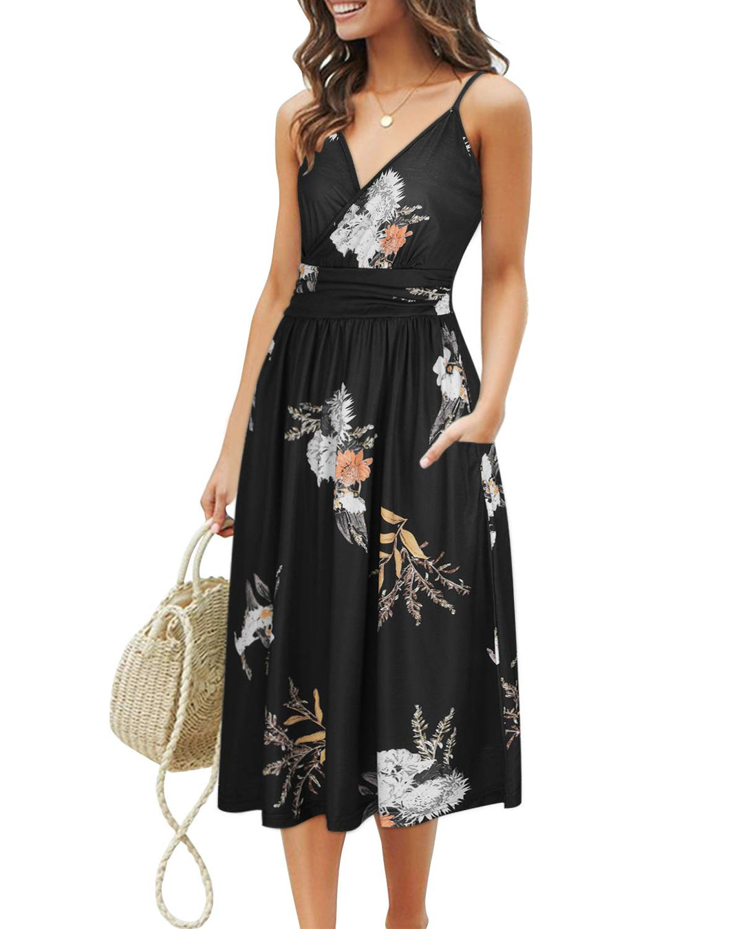 OUGES Kleid Damen Spaghettiträger Sommer Kleider Knielang V-Ausschnitt Strandkleid mit Taschen L Flo