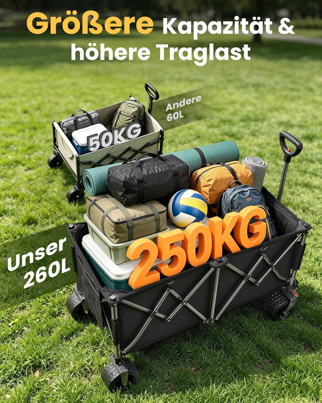 YEAUPE PRO Bollerwagen Faltbar, 260L 250KG Handwagen mit Bremsen Belastbar, Extra Breite 17x10 cm Re