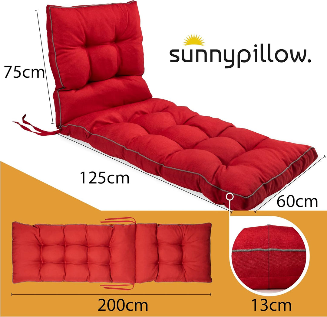 sunnypillow Liegenauflage 200x60, Auflage für Gartenliege 13cm dick Rot Rot 200 cm x 60cm x 13 cm, R