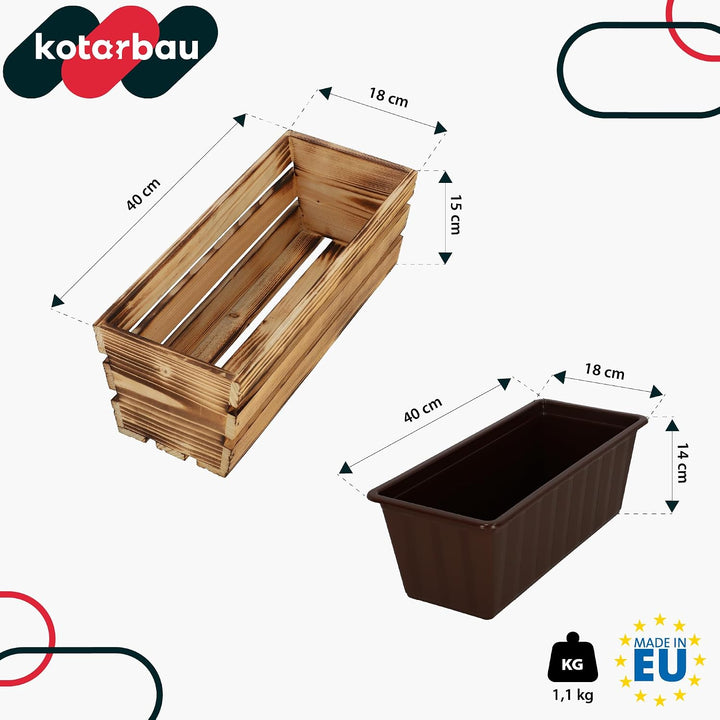 KOTARBAU® Blumenkasten für Balkon, Balkonkasten mit Kunststoffeinsatz 40 x 18 x 15 cm 3er Set Rustik
