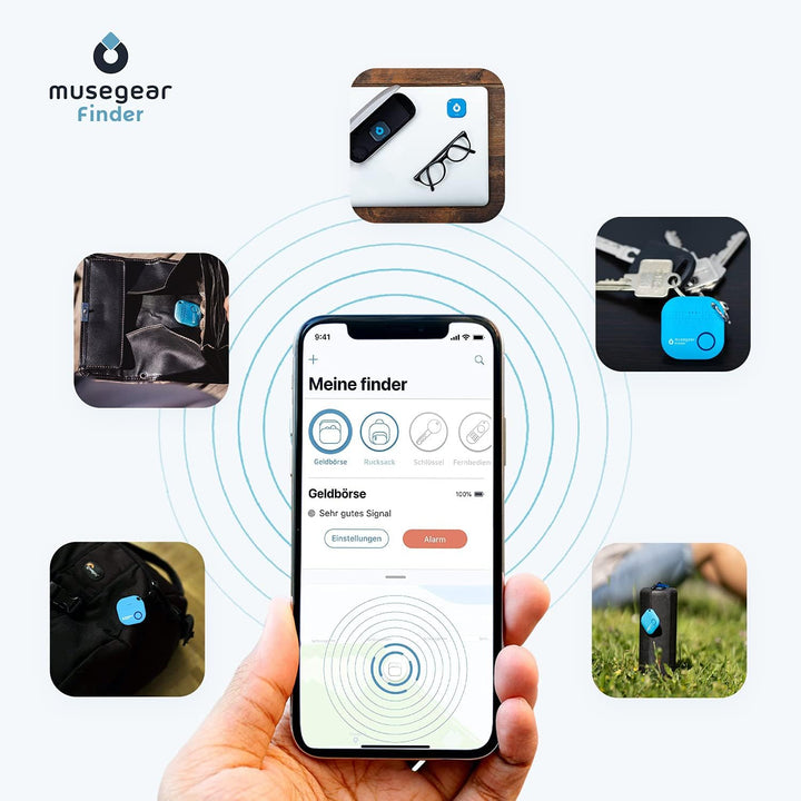 musegear Schlüsselfinder mit Bluetooth App aus Deutschland in dunkelblauer Leder-Tasche I Finder hel