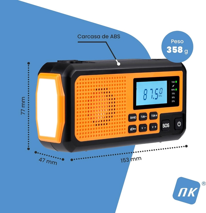 NK Solar-Notfallradio – 4000mAh Powerbank, FM/AM/SW, LED-Taschenlampe, LCD-Display, SOS-Alarm, Handk